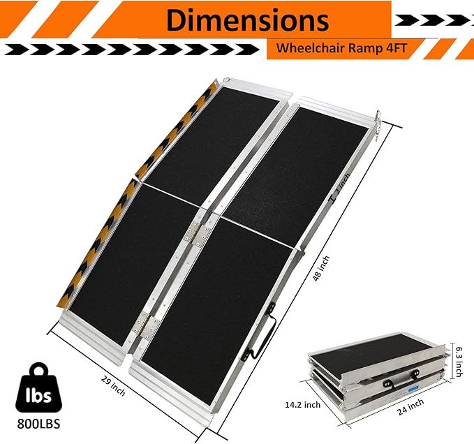 Portable Wheelchair Ramp 4FT, 48" L x 29" W Non-Skid Aluminum Foldable Handicap Ramps for Steps, 800lbs Capacity Threshold Ramps, Lightweight with Handle, for Home,Stairs,Doorways,Curbs (4FT)