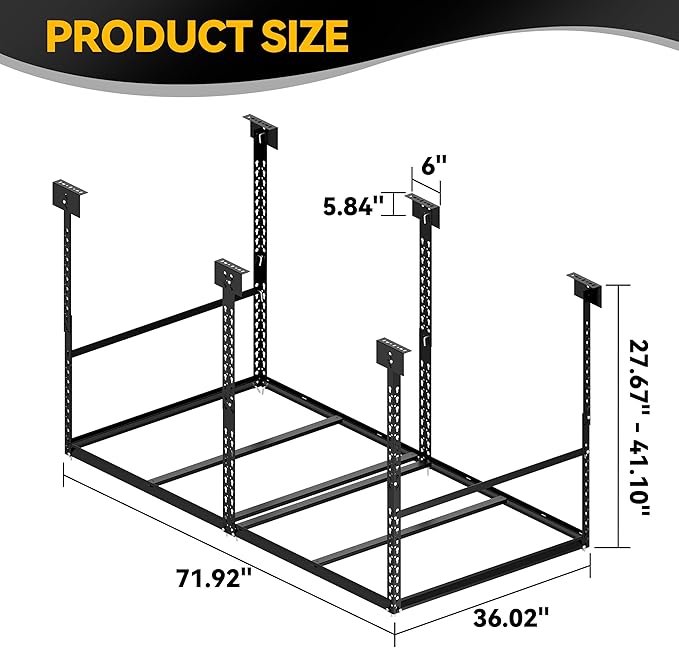 3x6 Ft Overhead Garage Storage Rack, 28-41 inch Height Adjustable Ceiling Mounted Organization Rack, 700 lbs Weight Capacity, 36"x72" Heavy Duty Space-Saving Metal Rack for Garage Storage