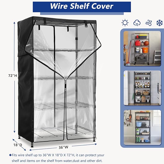 Wire Shelf Cover,600D Heavy Duty 100% Waterproof Shelf Covers for Wire Shelving,Outdoor Storage Shelves Cover for Metal Rack,36" W x 18" D x 72" H,Black with Clear Front