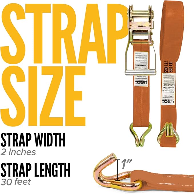 US Cargo Control Wire Hook Ratchet Straps 2 Inch x 30 Foot (10-Pack), 10,000 LBS Break Strength, Ratchet Straps Heavy Duty with Double J Hooks, Orange Cargo Tie Downs for Flatbed Trailers and Trucks