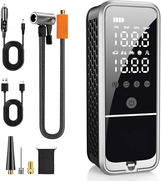 Tire Inflator Portable Air Compressor, 6000mAh Air Pump for Car Tires 160 PSI Portable Air Pump with Tire Gauge Pressure & LED Light & Auto Shut-Off Cordless Bike Pump for Car, Motor, Bike, Ball