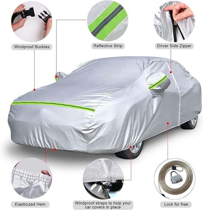 Waterproof Car Covers Replace for 2008-2025 Mercedes Benz C-Class C250 C300 C350, 6 Layers Silver All Weather Car Cover with Zipper Door & Windproof Bands for Snow Rain Dust Protection