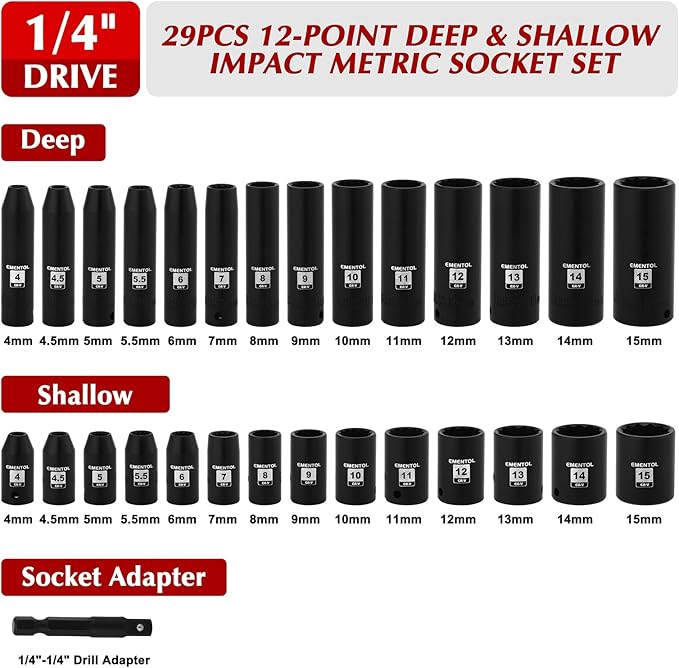 EMENTOL 1/4" Drive Impact Socket Set, 29 Pieces Deep & Shallow Socket Set, Metric 4-15mm, 12 Point CR-V, Includes Drill Bit Adapter
