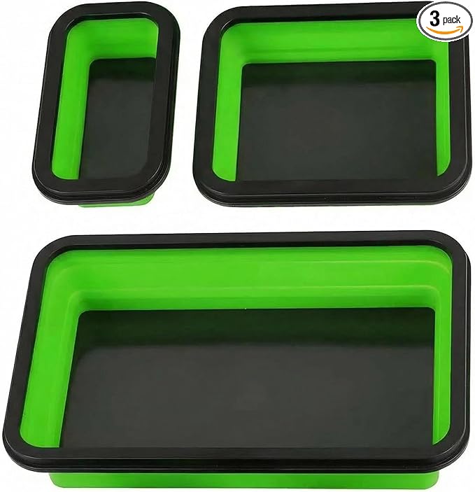 Collapsible Magnetic Parts Tray Set of 3 Different Size, Foldable Silicone Tool Trays for Screws, Bolts, Nuts and Other Small Metal Parts (Green)