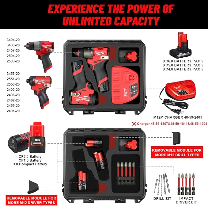 Case for Milwaukee M12 Impact Driver & Drill Set - Waterproof Tool Box with Removable Modules for Milwaukee Fuel Tools Combo Kit, Tool Bag for Hammer Drill/Impact Driver/Battery/Charger (Case Only)