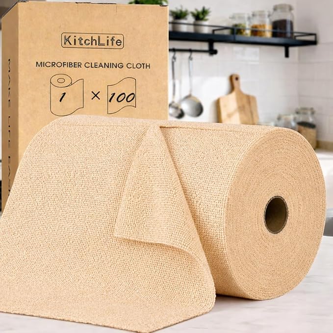 KitchLife Microfiber Cleaning Cloth Roll, 100 Pack - Tear-Away Microfiber Paper Towels, Lint-Free, Reusable, Washable for Kitchen, Car, Dishes, and Sensitive Surfaces (Wheat)