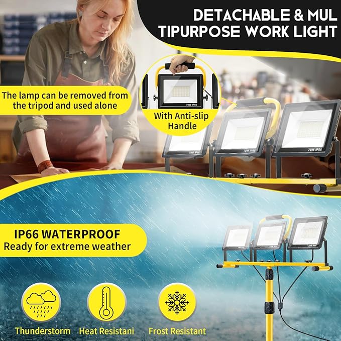 21000Lumen LED Work Lights with Stand: 3 Head Adjustable Work Light with Individual Switch - IP66 Waterproof Foldable Tripod Worklight with 16.4FT Cord for Indoor Outdoor Portable Lighting