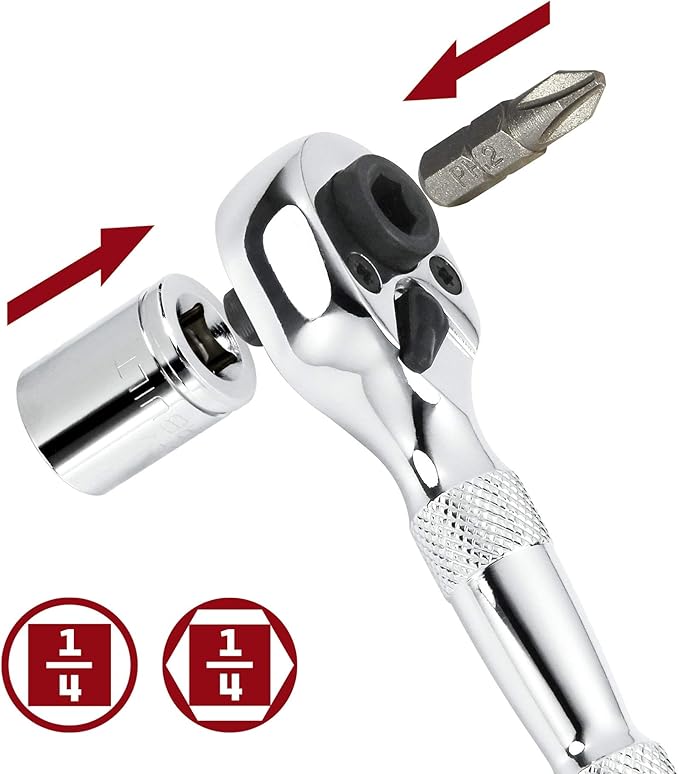 Powerbuilt Stubby Ratchet, Mini 1/4 Inch Ratchet Wrench, Reversible 72 Tooth, Tight Spaces, Quick Release - 940478