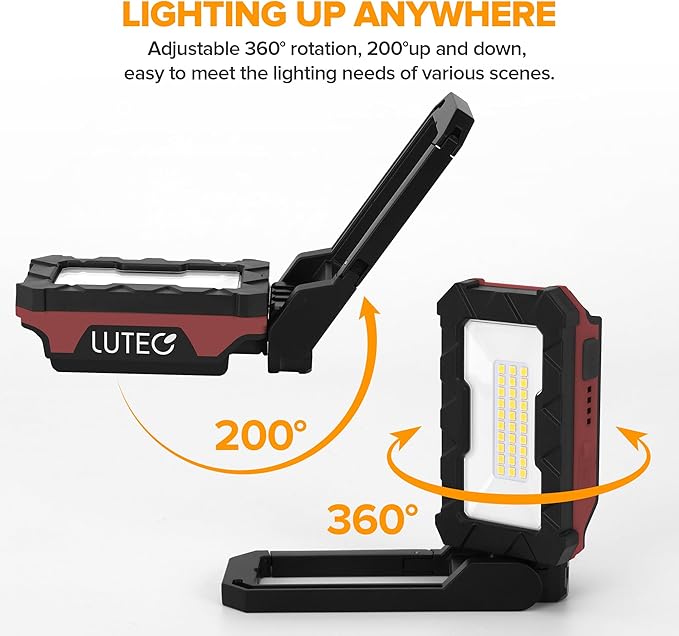 LUTEC Rechargeable Work Light, 1000 Lumens LED Magnetic Light with Magnetic Base and Hanging Hook，360°Rotate and 200°Swivel for Car Repair, Emergency and Camping-2 Pack (Red)