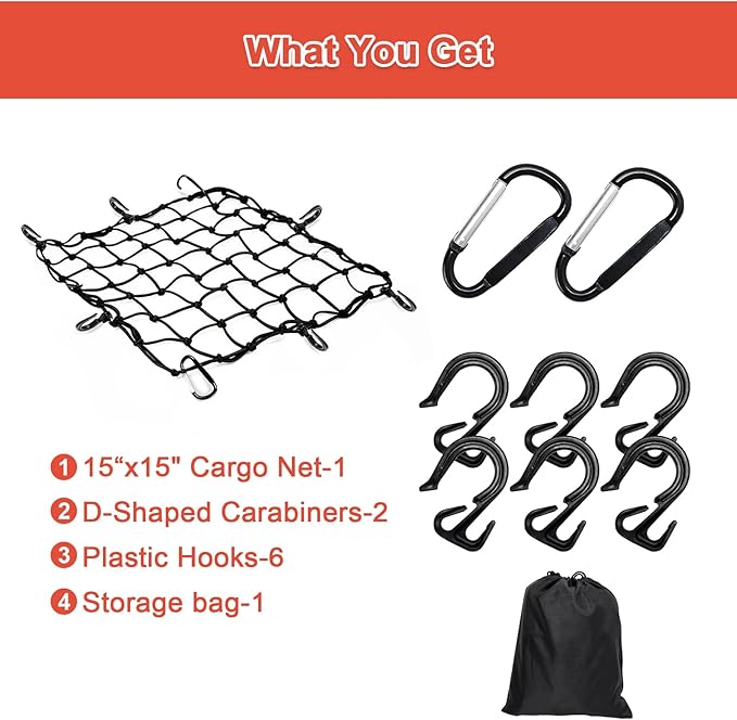 Cargo Net Motorcycle Fuel Tank Net Natural Latex Core, 15"x 15" Extends to 30"x 30" with 2"x 2" Mesh for Motorcycle Helmets, Bikes, ATVs, UTVs, Luggage (Black, 1 Pack)