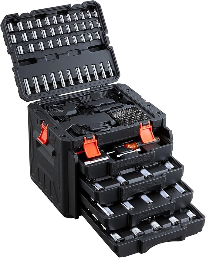 VEVOR Mechanics Tool Set, 256-Piece Mechanic Tool Kit, 1/4 in, 3/8 in, and 1/2 in Drive, SAE and Metric Socket Set, Wrenches, Screwdriver Bits, Accessories, and Storage Case, for Automotive Repair