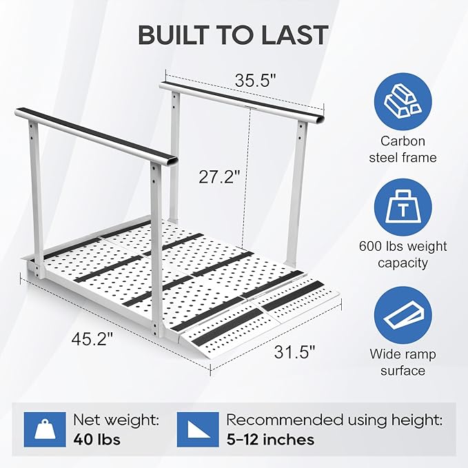 Upgraded Folding Ramp with Handrails, Portable Wheelchair Ramp with Handrail and Adjustable Flap, Heavy Duty Handicap Ramp with Handrails, 600 lbs Capacity, Carbon Steel Frame, 45.2" L x 31.5" W