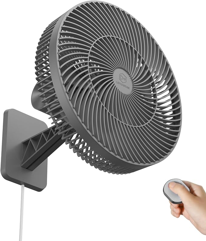 LEMOISTAR 12" Wall Mounted Fan with Remote Control, 90° Oscillating, 4 Speeds Timer and Adjustable Tilt, 8.2ft Cord, Quiet, Ideal for Home, Bedroom, Gym, Garage, RV, Office-Grey