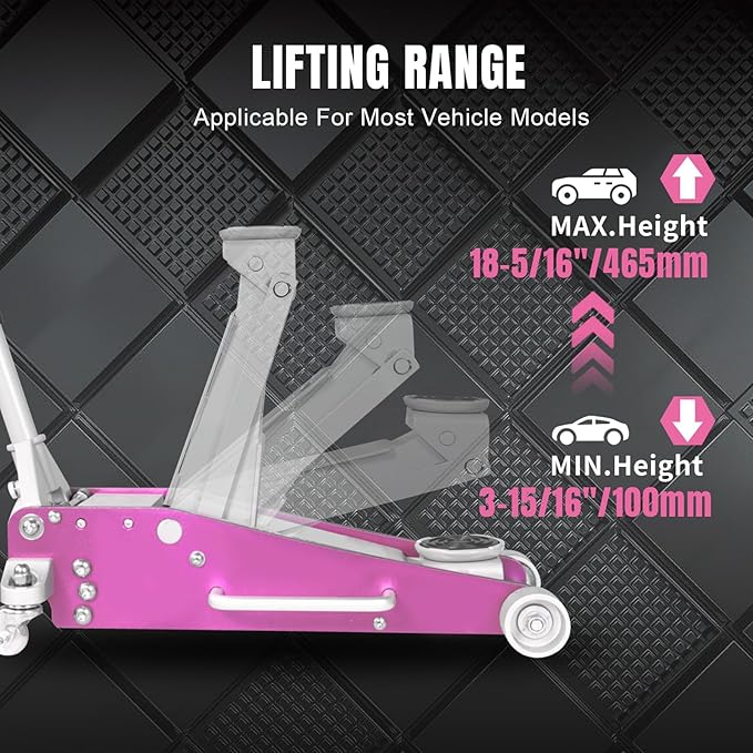 Torin AT830011LP Aluminum and Steel Floor Jack with Dual Piston Quick Lift: Max Height 18.31 Inches for Garages, Car Repair and Racing, 3 Ton (6,000 lb) Capacity, Pink