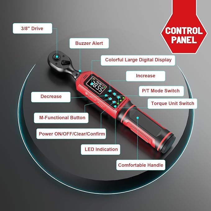3/8-inch Digital Torque Wrench(0.66-44.29Ft.Lb/0.9-60N.m) ±1% Accuracy Digital Torque Wrench with Vibration, Buzzer,LED Notification and Five Units of Measure, for Bike, DIY and Home Repair