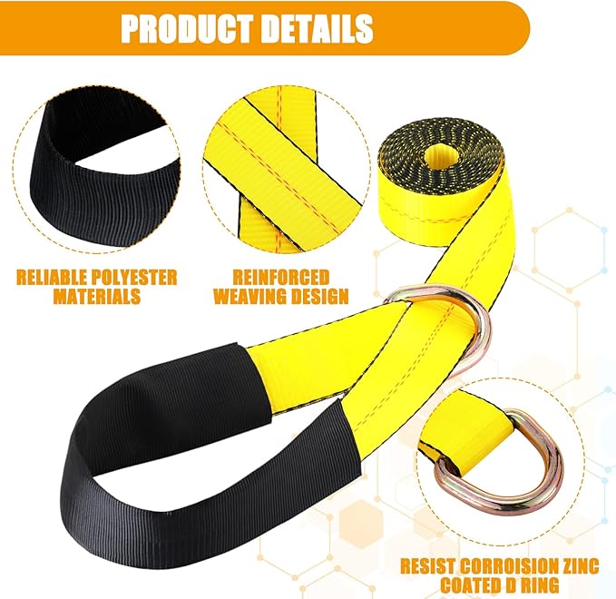 8 Pack Lasso Tow Truck Straps with D Ring 11, 000 Lbs Break Strength D Ring Auto Tie Down Wheel Lift Trailer Strap for Hauling Utv SUV Wrecker Rollback (2" X 8ft,Yellow)