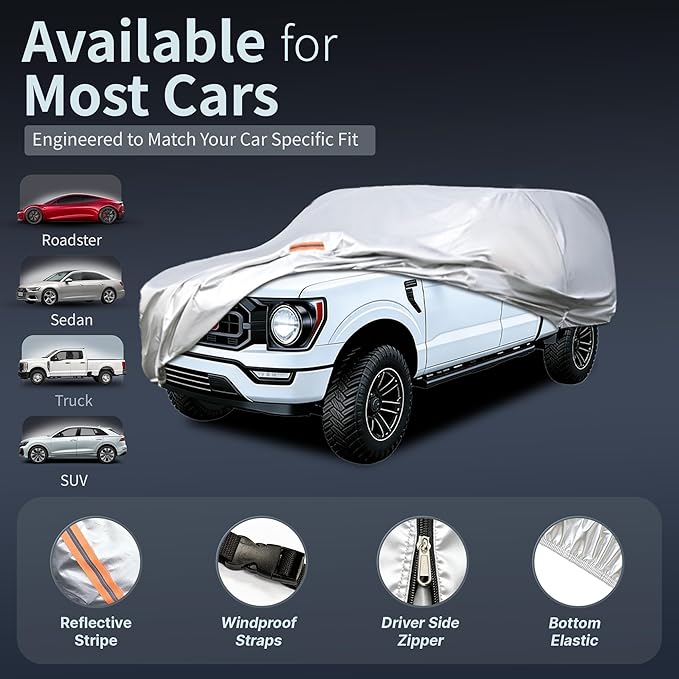 Car Cover Waterproof All-Weather,Heavy-Duty Outdoor Full Exterior Automobiles Snow Cover for Truck Cover with Camper Shell Topper 242 to 262 inch,with Sun Visor,Towel&Storage Bag
