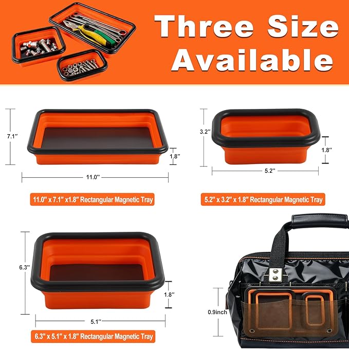 Collapsible Magnetic Parts Tray Set with Extra Strong Magnet Up to 18LB, 3 Different Size Silicone Foldable Tool for Organizing Screw Bolts Nuts Washers Pins and Other Small Metal Parts - Orange