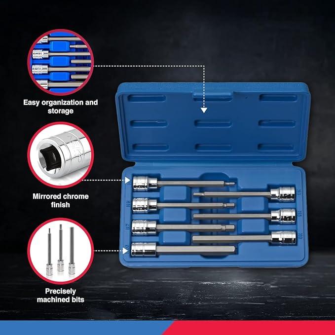 Neiko 10072A 3/8-Inch Drive Extra Long Allen Hex Bit Socket Set, SAE, 1/8-Inch - 3/8-Inch | S2 and Cr-V Steel, 7-Piece Set