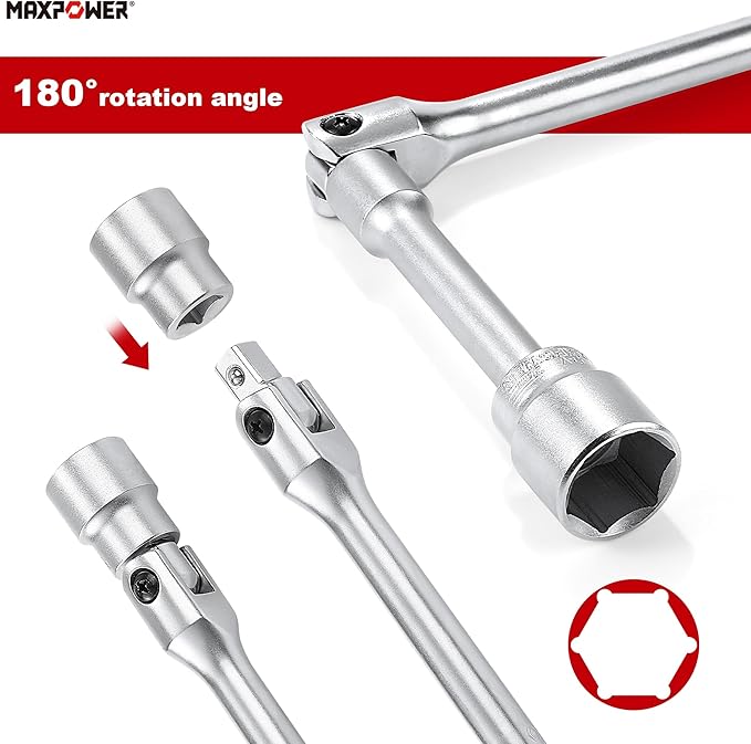 MAXPOWER 1/2" Drive Socket Wrench Set, 16-Piece, Including 13-Piece SAE Sockets, 1/2" Drive Breaker Bar, 1/2" Ratchet Wrench and Extension Bar