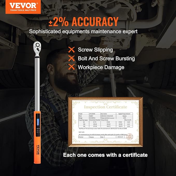 VEVOR Digital Torque Wrench 1/2" Drive(25-250ft.lb/34-340n.m), ±2% Torque Accuracy, 3-Mode Adjustable Electronic Torque Wrench with LED Buzzer Calibration