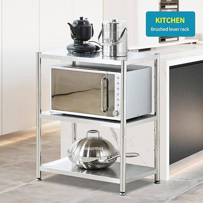 susunnus 3-Tier Stainless Steel Shelf, Heavy Duty Shelving for Kitchen, Garage, Industrial Storage, Kitchen Shelves Adjustable Feet, Easy to Clean(3T-24.8in*15.8in(Without guardrails))