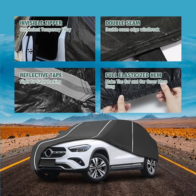 Fluorescent Strip Design 6 Layers Waterproof Car Cover Compatible for Mercedes Benz GLA 2014-2024 All Weather Full Car Cover with Storage Bag
