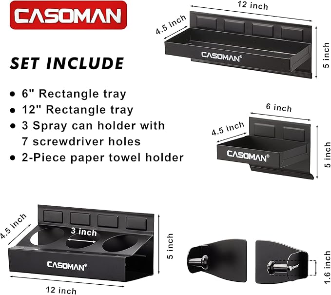 CASOMAN Magnetic Toolbox Shelf, Tray, Paper Towel Holder, 4-Piece Set, Black, Variety of Use, Durable, Magnets Any Metal Surface