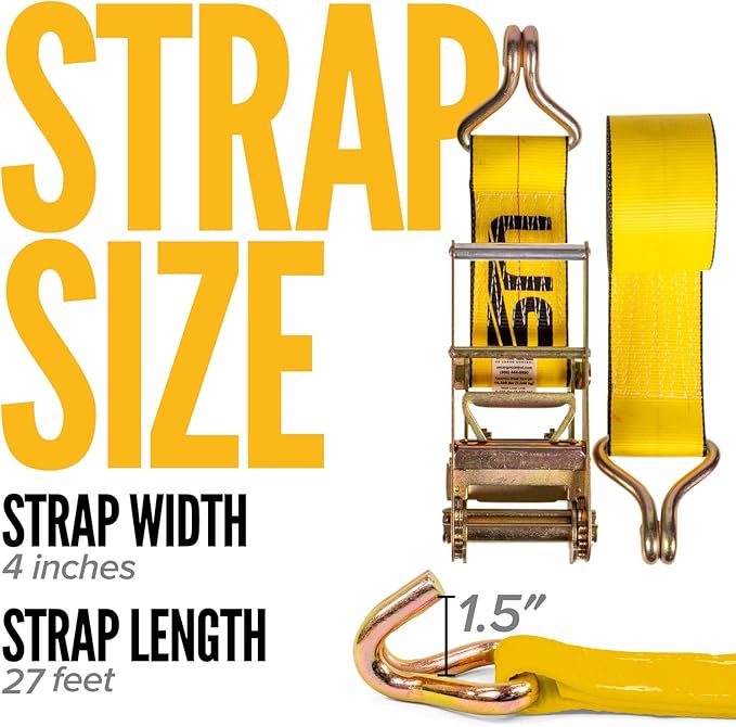 US Cargo Control J Hook Ratchet Straps 4 Inch x 27 Foot (2-Pack), 5,400 LBS Working Load Limit, Yellow 4 Inch Ratchet Straps Heavy Duty for Flatbed Trailers, Professional Flatbed Hauling