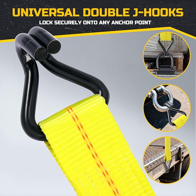 Trekassy 2" x 27' Heavy Duty Ratchet Straps (10,000 Lbs Break Strength), Tie Down Ratcheting with J-Hooks, Cargo Straps for Trucks, Trailers & Moving Appliances - 4 Pack