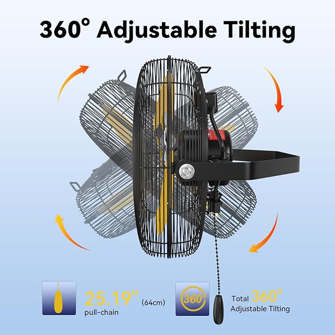 12 Inch High Velocity Wall Mount Fan, 2800 CFM Heavy Duty Metal Commercial Wall Fan, 360° Tilt & Pull Chain for Garage, Workshop, Gym & Covered Patio