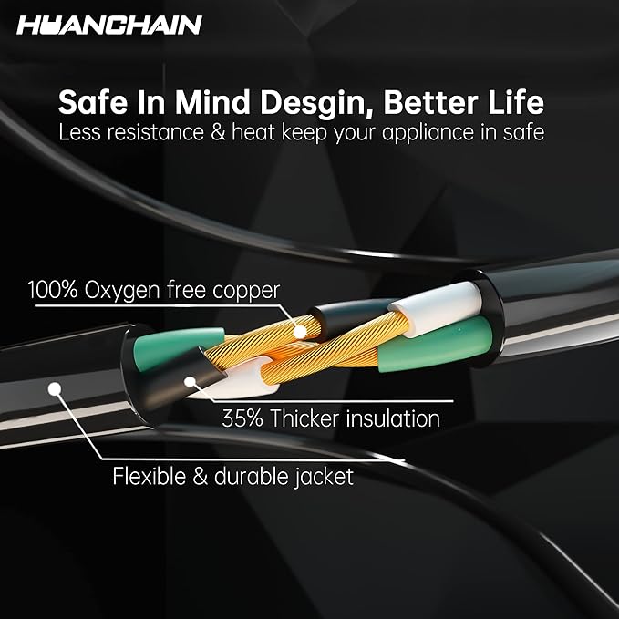 HUANCHAIN Indoor Outdoor Black Extension Cord 50 ft Waterproof, 16/3 Gauge Flexible Resistant Appliance Extension Cord Outside, 13A 1625W 16AWG SJTW, 3 Prong Electric Cable, ETL Listed