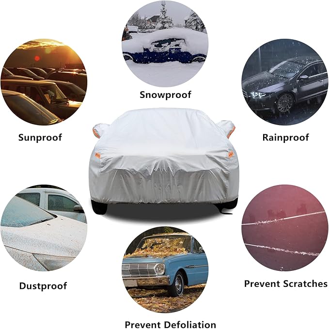 SEAZEN Car Cover 6 Layers, Waterproof Sedan Car Cover with Zipper Door, Snowproof/UV Protection/Windproof, Universal Car Covers Breathable Fabric with Cotton (201" to 209")
