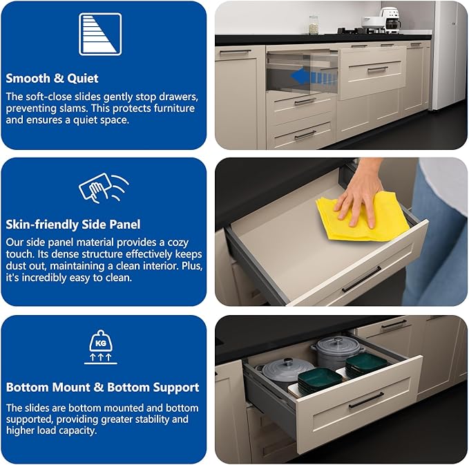 VADANIA Under-Mount Drawer Slide Set, 16-Inch Deep, with Side Panel & Heightening Rods, Hidden Design, Soft Close, Full-Extension, 1-Pair
