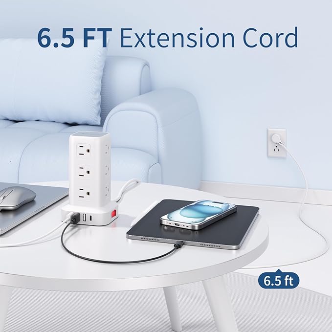 AnnTane Surge Protector Power Strip 6.5 FT Cord, Power Strip Tower with 4 USB Ports (1USB C), Extension Cord with 12 AC Multiple Outlets, Home Office Supplies Desk Accessories, Dorm Room Essentials