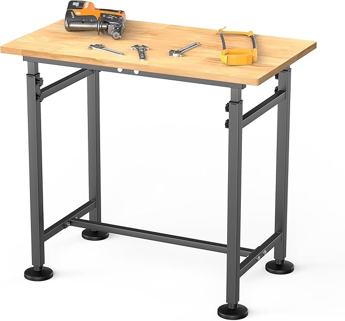 TORACK Adjustable Workbench with Rubberwood Top, 32" x 18" Heavy-Duty Garage Work Table, Height Adjustable 28"–38", Supports Up to 1500 lbs
