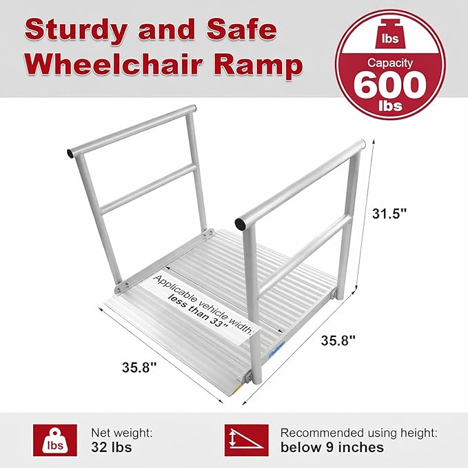 Ruedamann 3'L x 36" W Aluminum Wheelchair Ramp with Handrails, 600 Lbs Capacity Threshold Ramp for Home Steps Stairs Curbs, Non-Slip Access Ramp, Doorway Ramps for Wheelchairs Scooters Carts Walkers