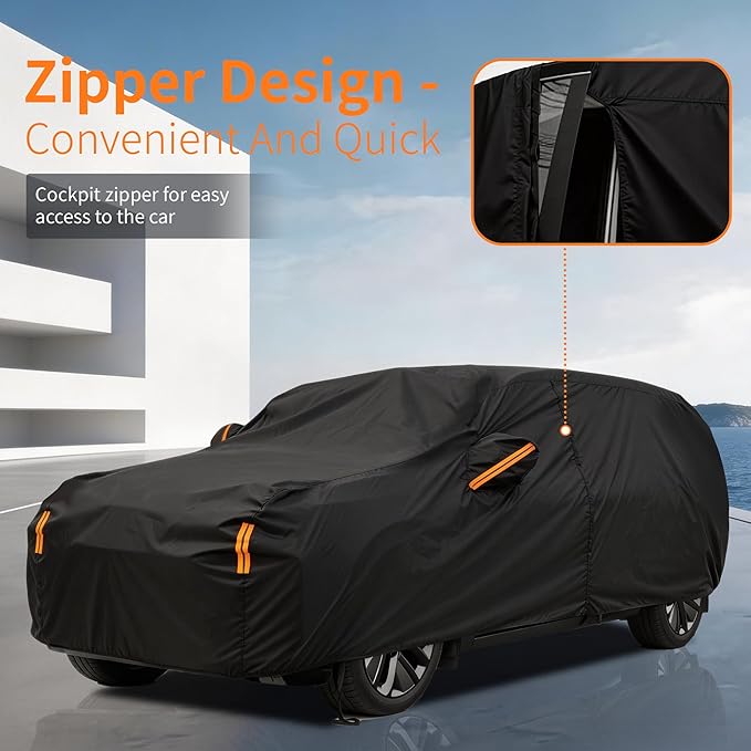 Waterproof Car Cover All-Weather, Heavy-Duty Outdoor Full Exterior Automobiles Snow Cover for SUV Up to 181 inch with Sun Visor,Zippered & Storage Bag - Black
