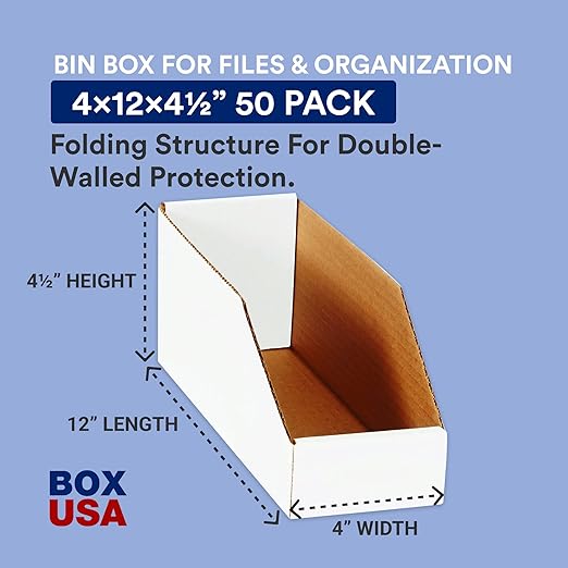 Box USA Cardboard Storage Bins, Open Top Bin Box, 4"L x 12"W x 4.5"H 50-Pack | Medium for Inventory, Organization, Parts, Garage, Warehouse or Home Cubby, Oyster White 8x18x10