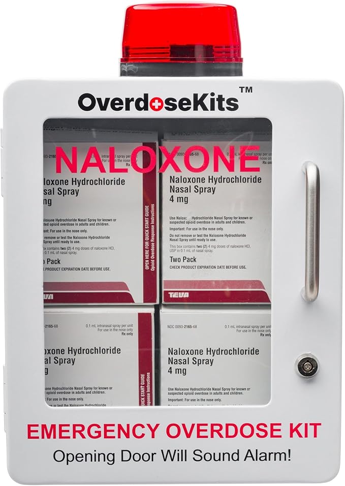 Naloxone Overdose Emergency Kit Cabinet - Includes Optional Alarm and Locking System - Designed for Wall Mount & Public Access (Metal, White)