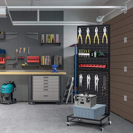 NectaCol Metal Pegboard Display Stand with Baseplate, Two Separately Pegboard Panels, 2'x 5' Standing Pegboard Display with Four Wheels, Peg Board Display Rack, Extra 30 Pieces Hooks (Black)