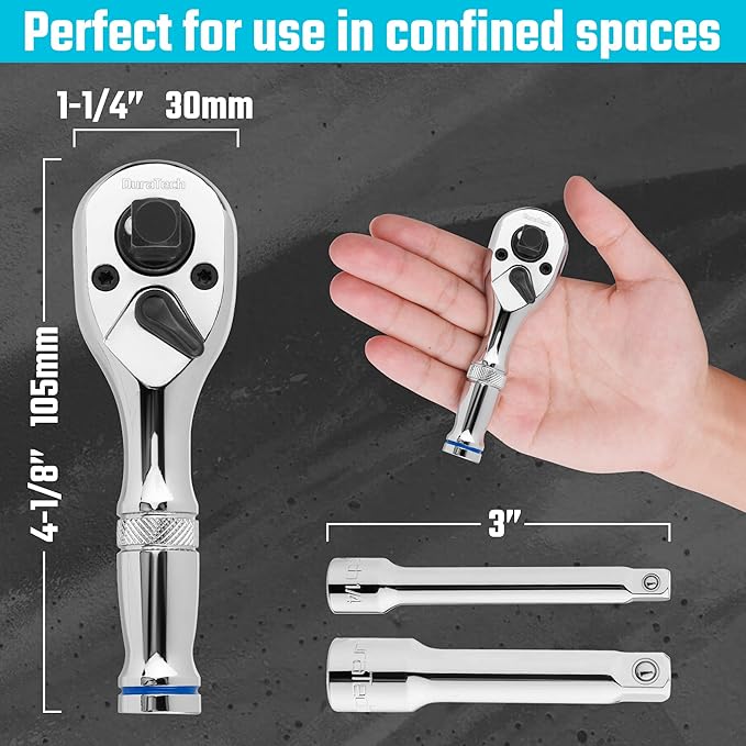 DURATECH Stubby Ratchet Set, 3-IN-1 Ratchet Handle, with 2 Extension Bars, 1/4", 3/8", 1/2" Drive Ratchet Wrench, 72-Tooth, Reversible Switch, Full-Polished Chrome Plating, Alloy Steel