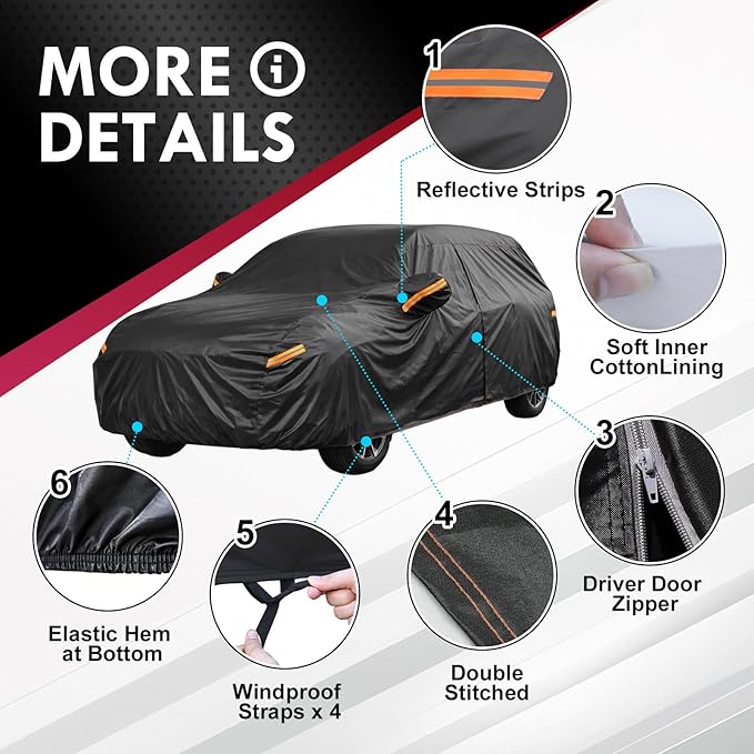 Mid-Size SUV Car Cover Waterproof All Weather, 6 Layer Heavy Duty Material Universal Fit for Mazda CX50, Jeep Cherokee, Rogue, VW Tiguan, Mitsubishi Outlander, BMW X3, Chevrolet Equinox
