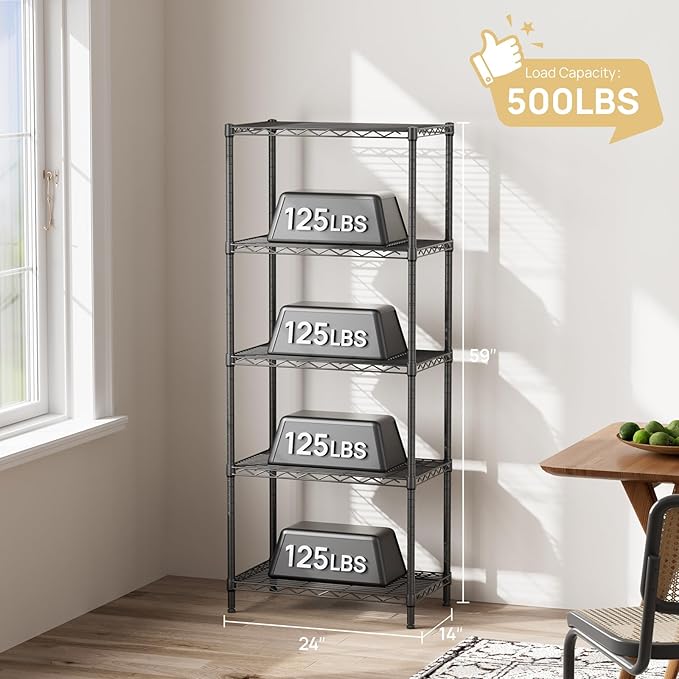 SINGAYE 5 Tier Storage Shelves Wire Shelving Unit Shelve Metal Kitchen Laundry Room Organization Home Pantry Closet Bathroom Organizers Garage Rack Estantes para Cocina 14" D x 24" W x 59.5" H Black