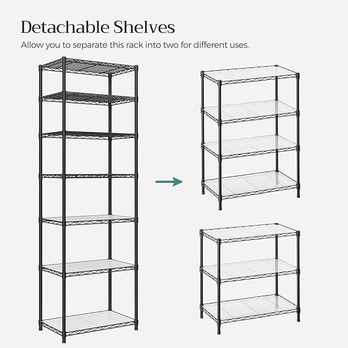 SONGMICS 7-Tier Storage Shelves, Wire Shelving Unit, Kitchen Metal Shelves, Storage Rack with Adjustable Shelves, Shelf Liners, 8 Hooks, for Garage, 13.4 x 23.2 x 70.9 Inches, Black ULGR067B01