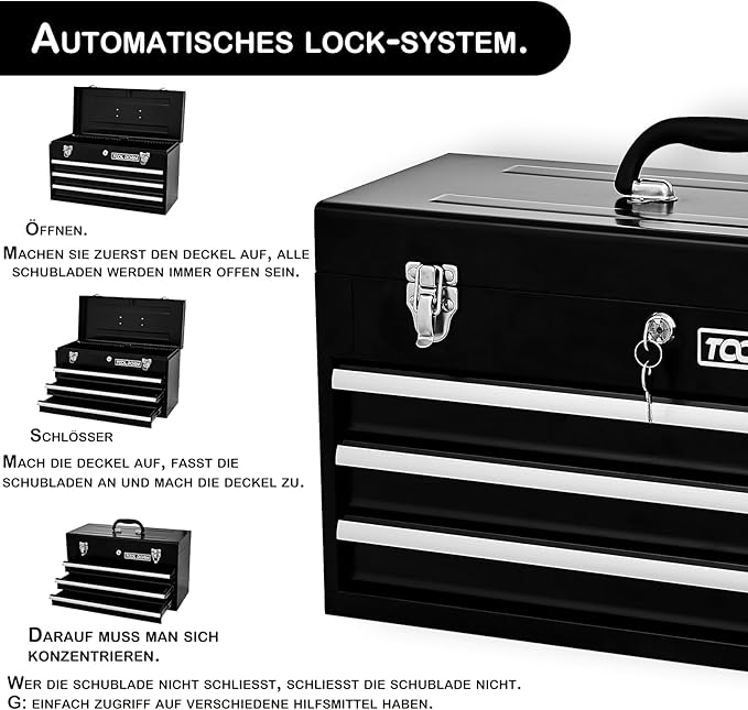 20.3“ Metal Tool Box with Drawers Portable Steel Tool Box with Protective Liner and Latch Closure and Lock for Garage, Home and Warehouse (Black-3 Drawers)