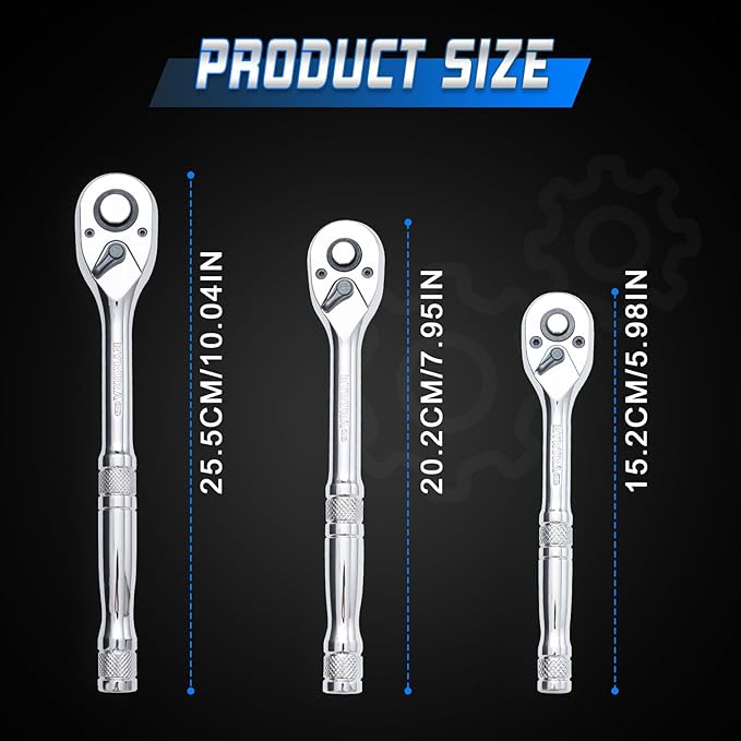 1/4 3/8/ 1/2 Inch Drive Ratchet Wrench Set,3-Piece Standard Socket Wrench Set,72-Tooth Quick Release,Reversible Ratcheting Feature with Metal Handle
