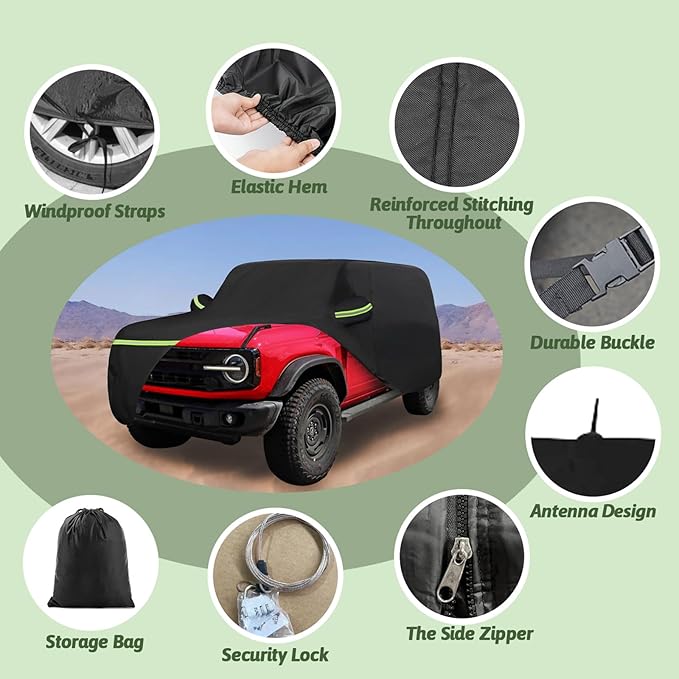 Car Cover for 2021-2025 Bronco 4 Door, 6 Layers Waterproof Sun Rain UV Dust Snow Protection Outdoor Bronco Full Car Cover with Cotton Lining and Zipper Door-Black
