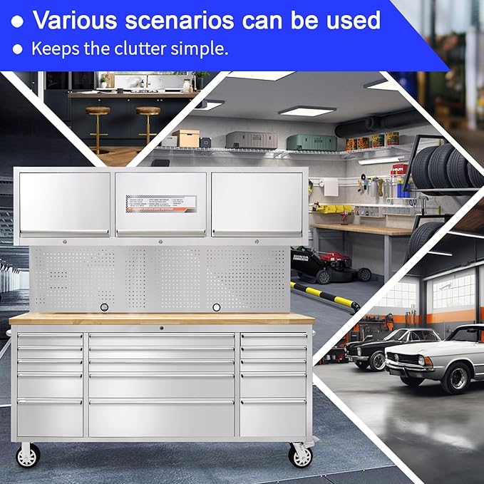 CHETTO C 72" Rolling Tool Box 15 Storage Drawers 3 Upper Cabinet Pegboard Large Tool Chest with Wheels for Warehouse Basement Home Pantry Garage Stainless Steel