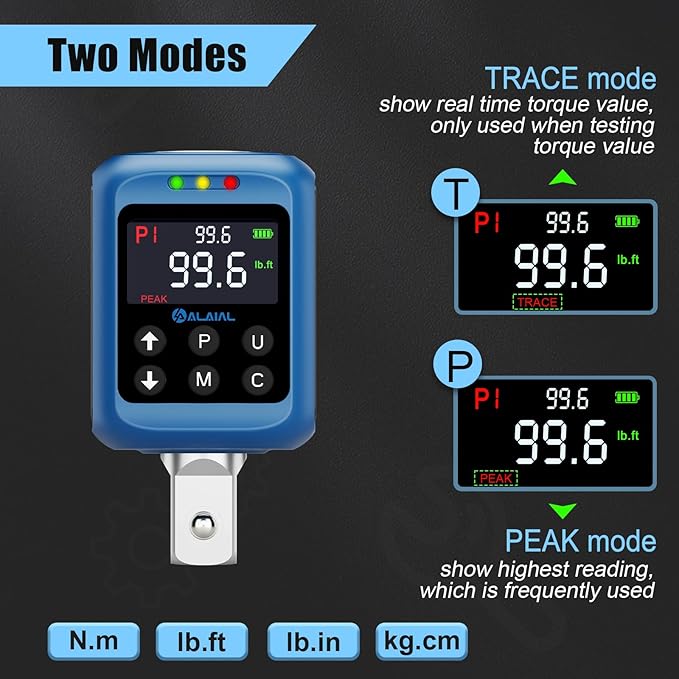 Digital Torque Adapter 1/2", 1.5-99.6 Ft-lb/2-135 Nm, Digital Torque Wrench Converter with ±2% Accuracy, Buzzer and LED Indicator, 2 Modes, 4 Units, 3/8'' & 1/4'' Adapters for Car, Moto